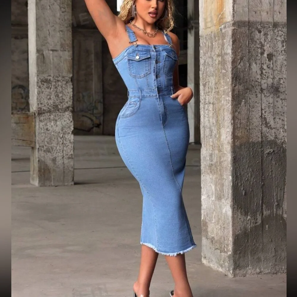 Buttoned Denim Dress with Slit Back - Picture 6 of 10